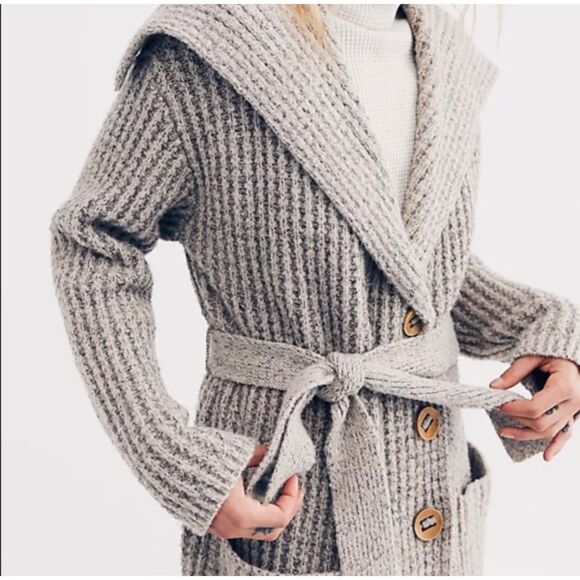 Free People Taffy Long Cardigan in Gray, Sz Medium, Wool Blend Waffle Knit - Picture 2 of 11